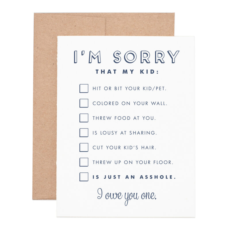 I'm sorry asshole kid letterpress greeting card