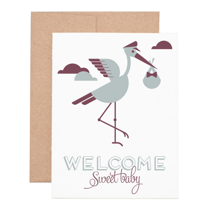 Stork welcome baby letterpress greeting card