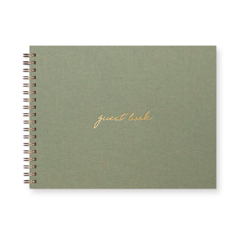 script guest book in sage green linen with gold foil