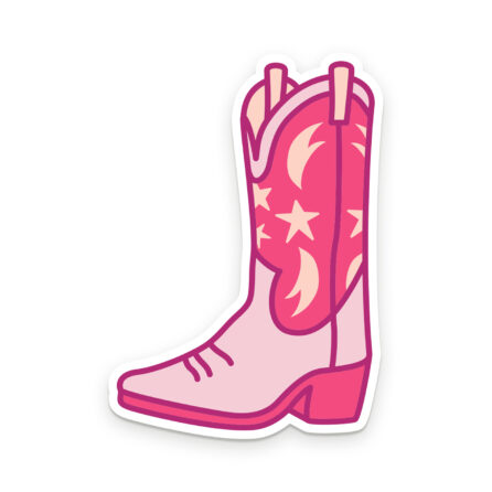 A light pink cowboy boot with hot pink sole, hot pink shaft, and light peach decorative stars and swooshes on shaft. Sticker is die-cut with a white background.