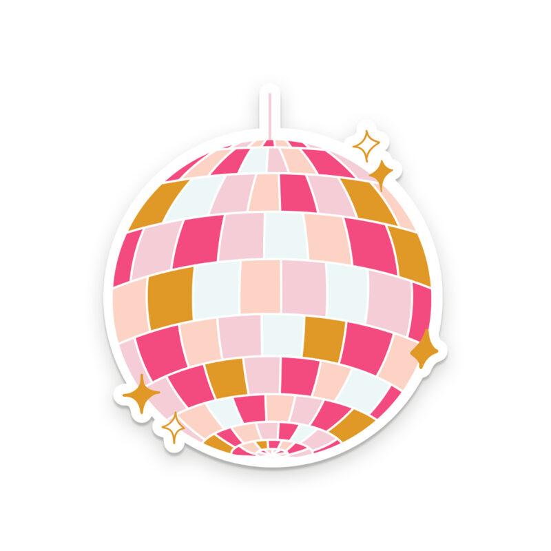A die-cut disco ball sticker featuring the colors, light pink, hot pink, peach, yellow, and light blue with a few scattered yellow sparkles.