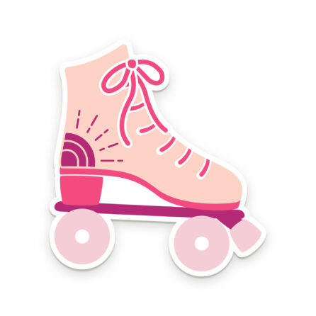 A light peach roller skate with light pink wheels, hot pink laces, and magenta accents with a die-cut white background.