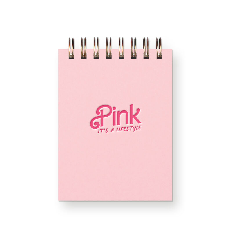 Light pink mini jotter notebook with the words "pink it's a lifestyle" written on it in hot pink