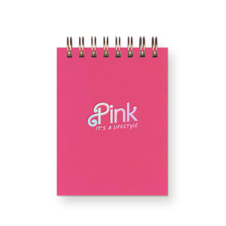 Hot pink mini jotter notebook with the words "pink it's a lifestyle" written on it in iridescent foil