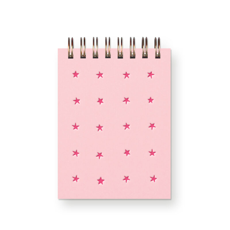 a light pink miniature notebook with hot pink stars