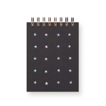 A black mini jotter notebook with iridescent foil stars