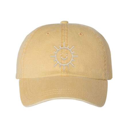 Yellow baseball hat with embroidered sun with smiley face