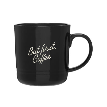 Microwave Safe black stoneware mug reading "but first coffee" in script font