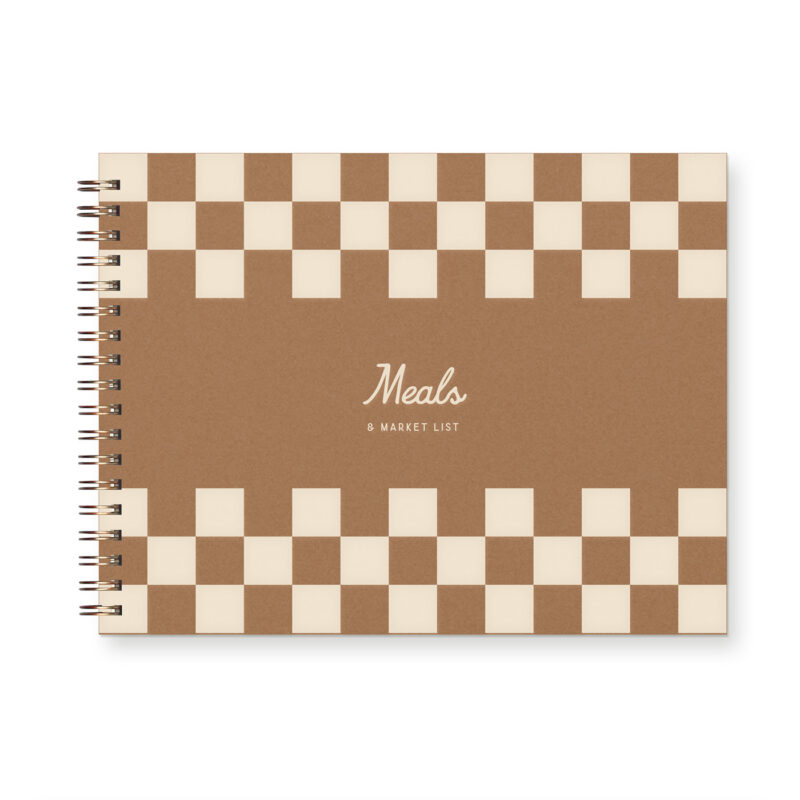 Weekly menu meal planner which is spiral bound and has a checkerboard on the cover.