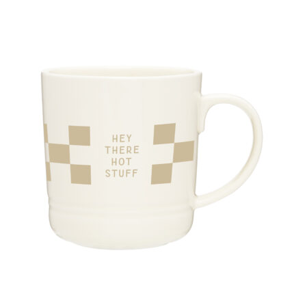 Retro Inspired mug with checkered patter and phrase "hey there hot stuff"