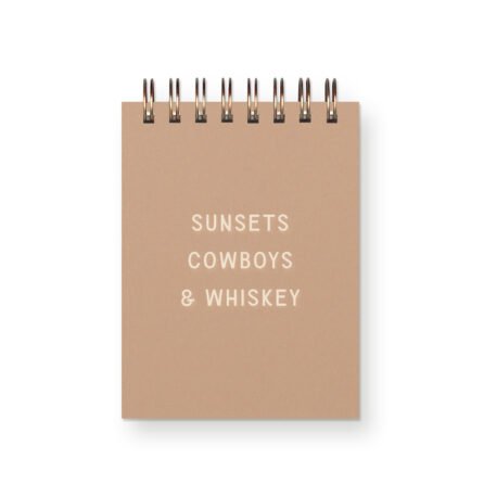 Western Inspired mini notebook with phrase "sunsets, cowboys & whiskey" on cover