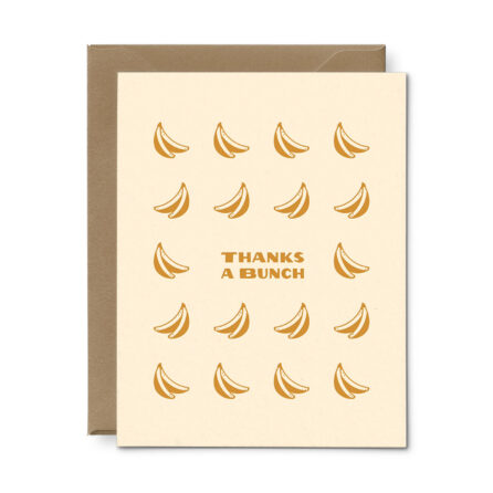 Cheeky thank you card that reads "thanks a bunch" adorned with bunches of bananas