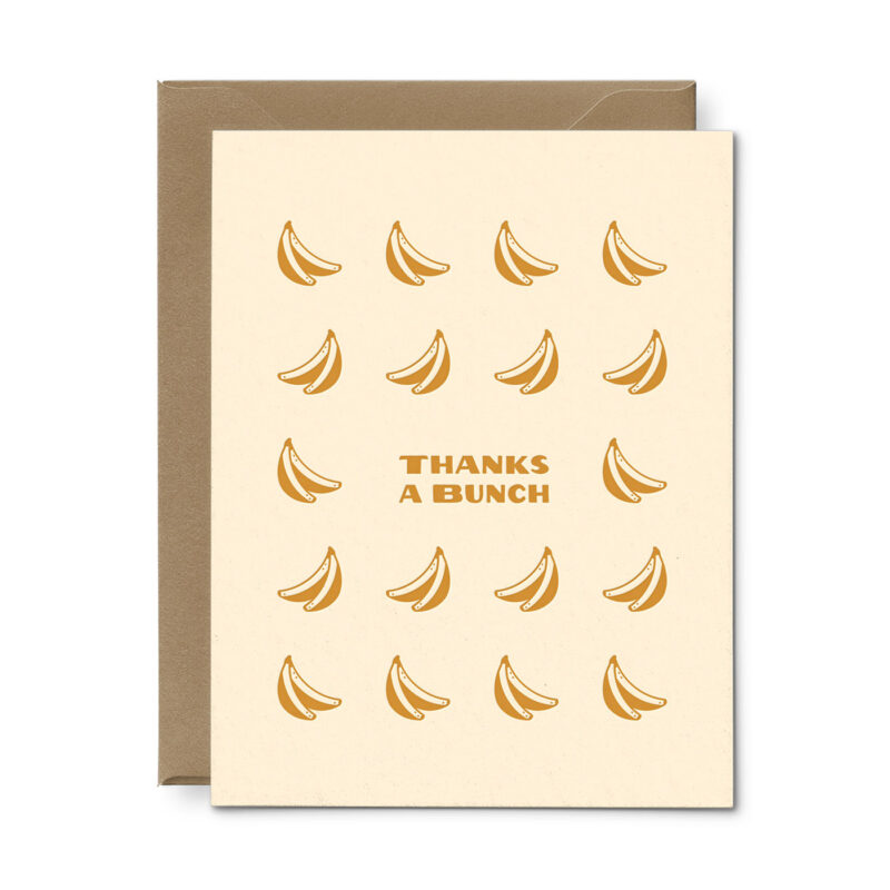 Cheeky thank you card that reads "thanks a bunch" adorned with bunches of bananas