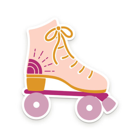Light Pink Water resistant roller skate sticker with dark pink accents and light purple wheels.