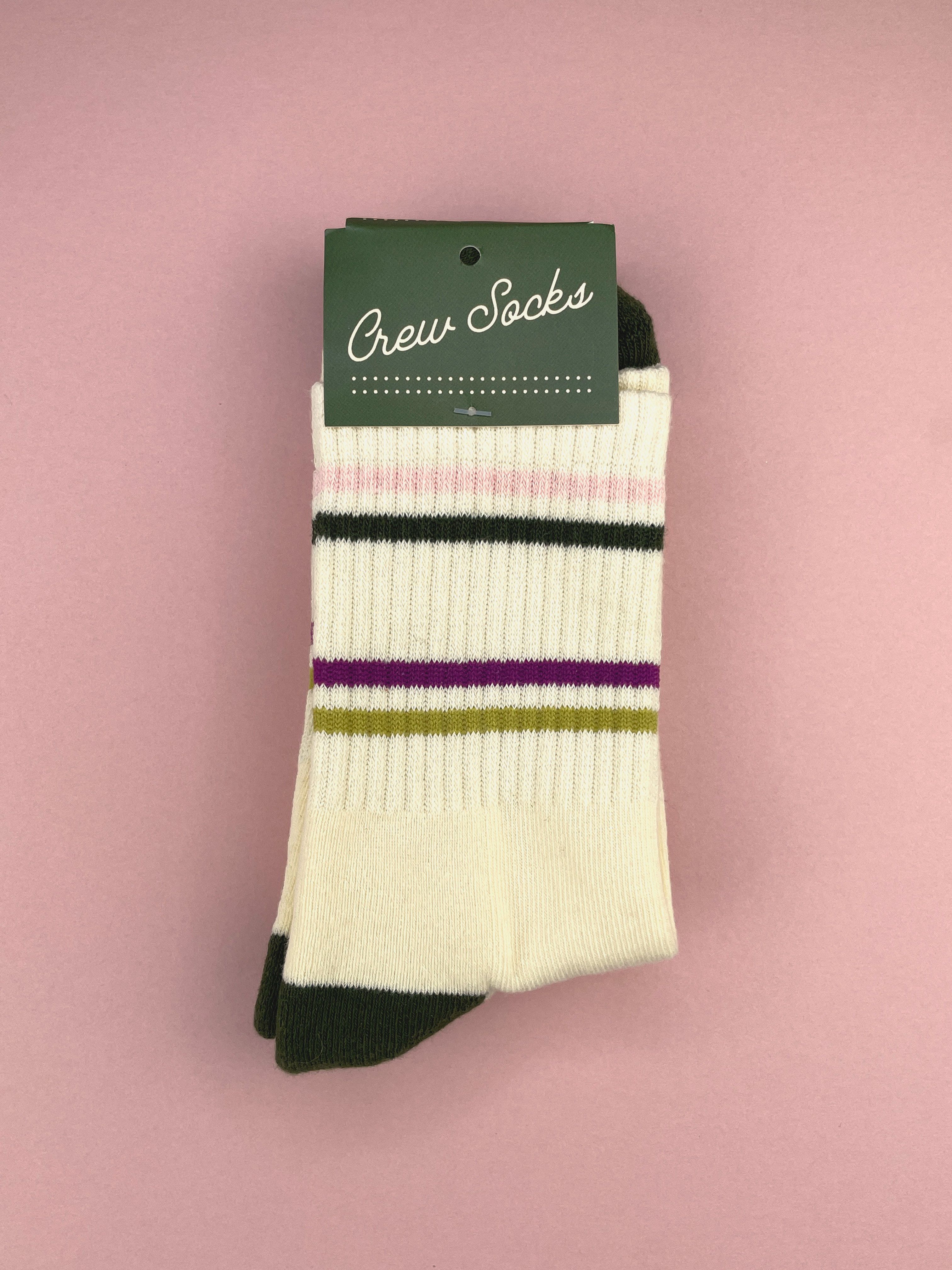 Green and Pink Striped Unisex Ribbed Crew Socks - Image 2